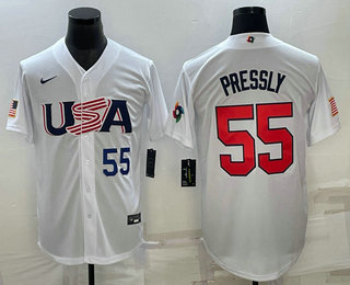 Mens USA Baseball #55 Ryan Pressly Number 2023 White World Baseball Classic Stitched Jersey